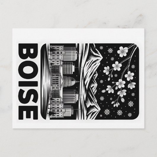 Boise Skyline Black and White Woodcut Winter  ポストカード (正面)