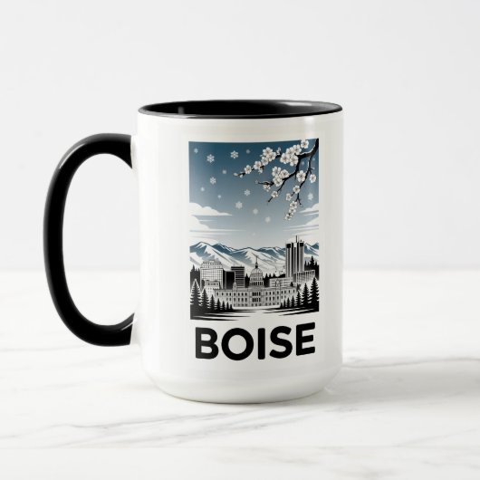 Boise Skyline Black and White Woodcut Winter  マグカップ (左)