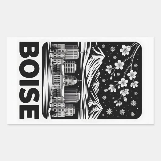 Boise Skyline Black and White Woodcut Winter  長方形シール (正面)