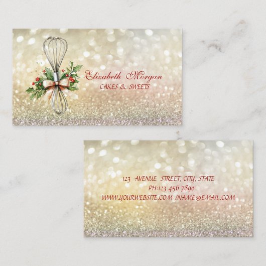 Bokeh Rolling Pin Whisk Winter Flowers Bakery 名刺 (正面/裏面)