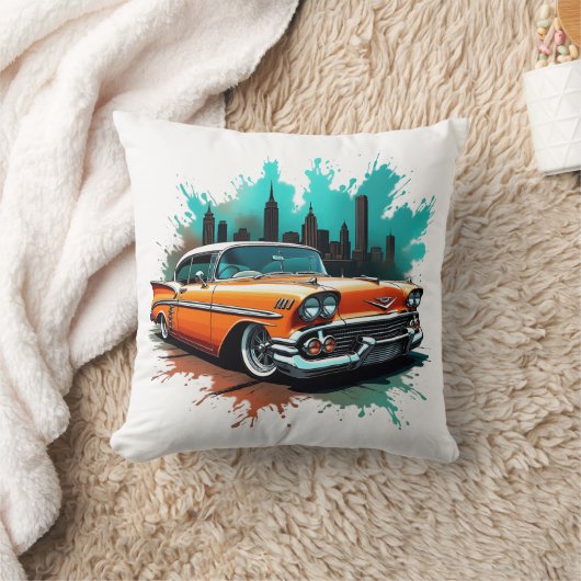 Bold 1958 Car with Skyline and Paint Splash Design クッション (ブランケット)