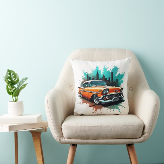 Bold 1958 Car with Skyline and Paint Splash Design クッション (椅子)