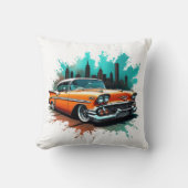 Bold 1958 Car with Skyline and Paint Splash Design クッション (正面)