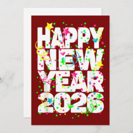 Bold 2026 New Year Greeting in Red with Confetti シーズンカード