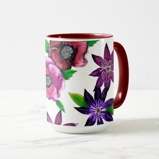 Bold Anemone & Clematis Watercolor Art Mug マグカップ (正面右)