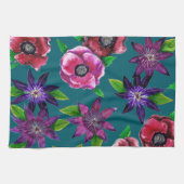 Bold Anemone & Clematis Watercolor Kitchen Towel キッチンタオル (横)