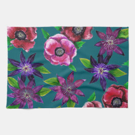 Bold Anemone & Clematis Watercolor Kitchen Towel キッチンタオル