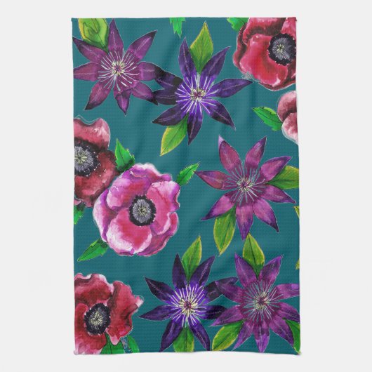 Bold Anemone & Clematis Watercolor Kitchen Towel キッチンタオル (縦)