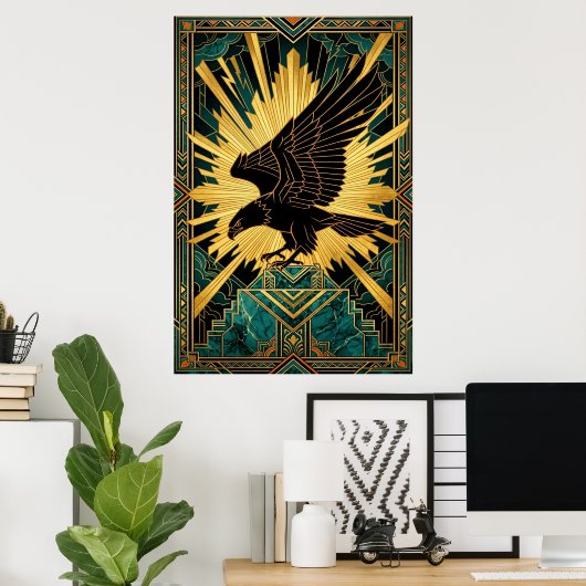 Bold Art Deco Eagle Flight Gold & Black ポスター (ホームオフィス)