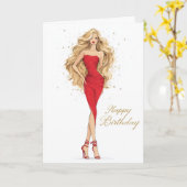 Bold & Beautiful Red Dress Birthday Card カード (黄色い花)