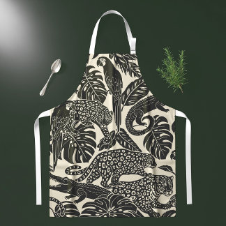 Bold Black and Cream Tropical Jungle Animals  エプロン
