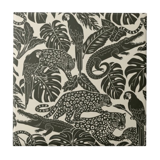 Bold Black and Cream Tropical Jungle Animals  タイル (正面)
