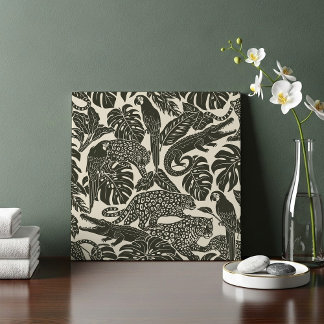 Bold Black and Cream Tropical Jungle Animals  タイル