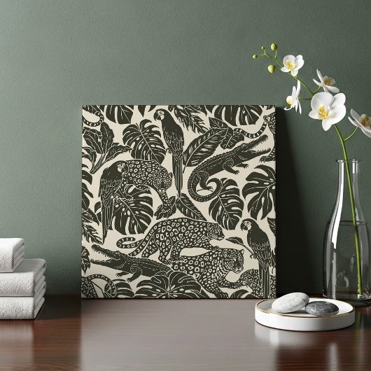 Bold Black and Cream Tropical Jungle Animals  タイル