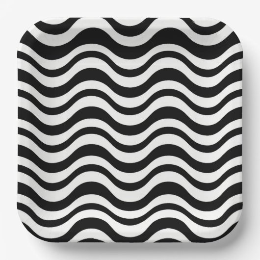 Bold Black and White Wavy Abstract ペーパープレート (正面)