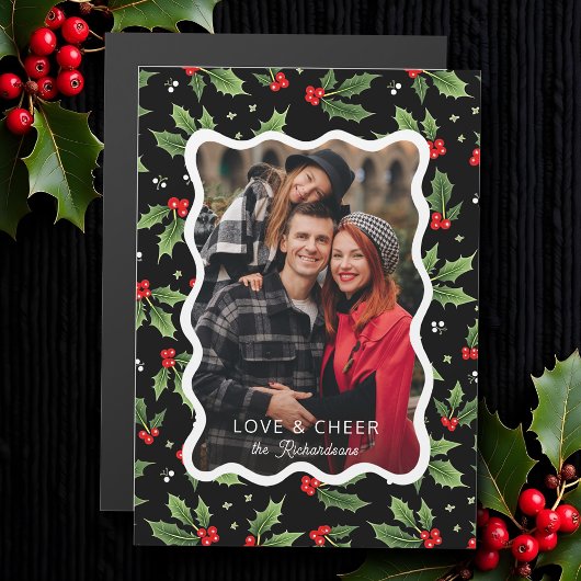 Bold Black Christmas Holly Wavy Frame Photo