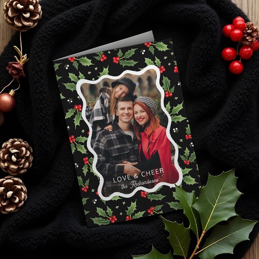 Bold Black Christmas Holly Wavy Frame Photo シーズンカード