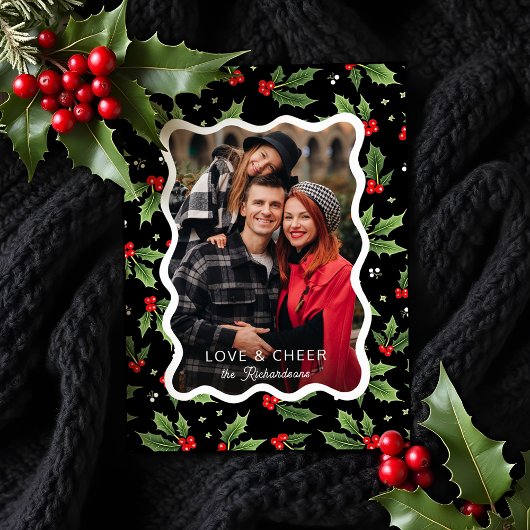 Bold Black Christmas Holly Wavy Frame Photo シーズンカード