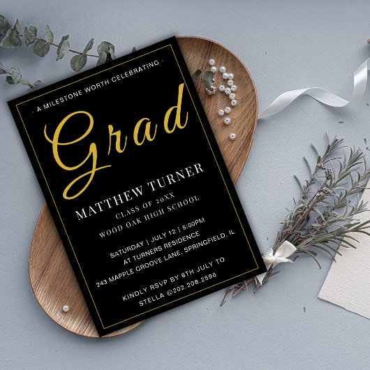 Bold Black Gold Grad Party Invite 案内状