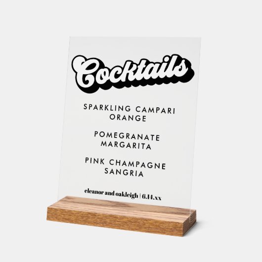 Bold Black White Groovy Wedding Cocktails Clear アクリルサイン (傾斜)