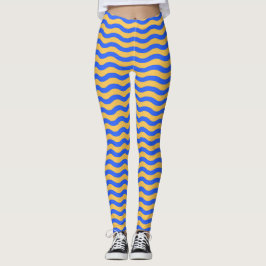 Bold Blue and Gold Wavy Stripes Pattern Leggings レギンス