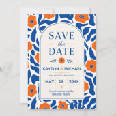 Bold Blue and Orange Floral Modern Botanical  セーブザデート (正面)