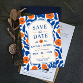 Bold Blue and Orange Floral Modern Botanical  セーブザデート