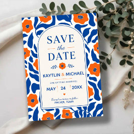 Bold Blue and Orange Floral Modern Botanical セーブザデート