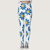 Bold Blue Daisy Floral Print Leggings レギンス (正面)