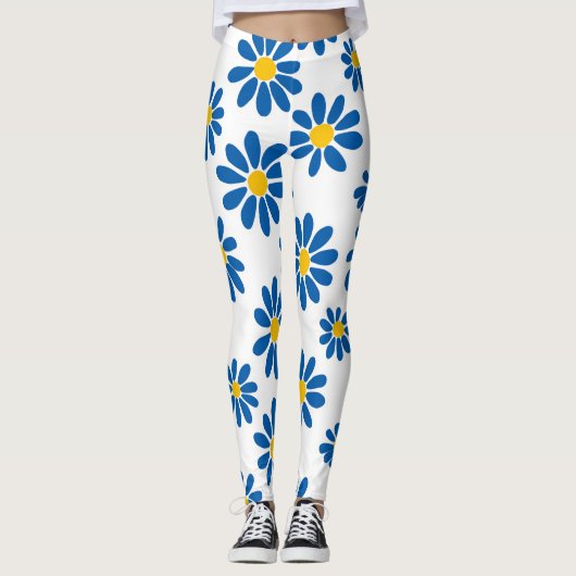 Bold Blue Daisy Floral Print Leggings レギンス (正面)