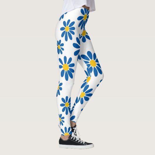 Bold Blue Daisy Floral Print Leggings レギンス (右)