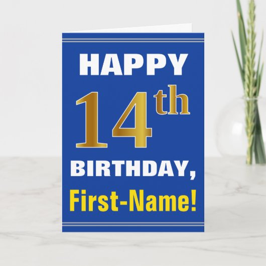 Bold, Blue, Faux Gold 14th Birthday w/ Name Card カード (正面)