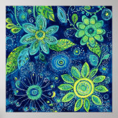 Bold Blue Green Floral Folk Art  ポスター (正面)