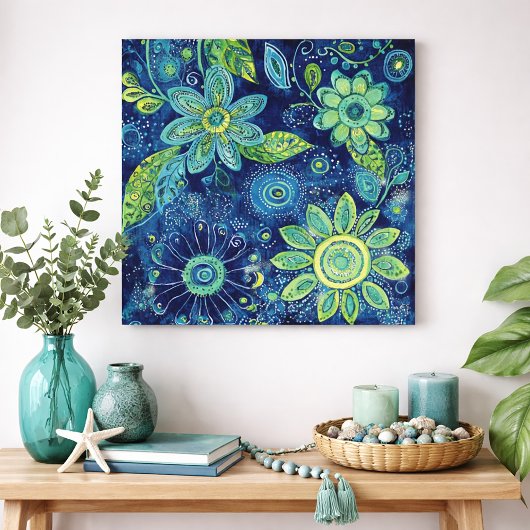 Bold Blue Green Floral Folk Art  ポスター
