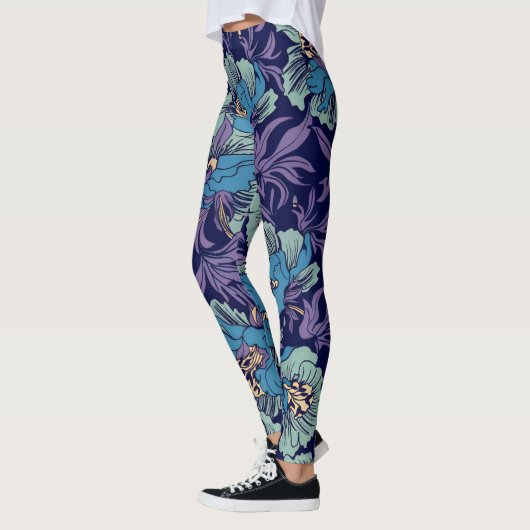 Bold Blue & Teal Botanical Print Floral Pattern  レギンス (左)