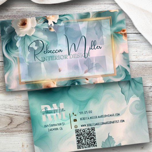 Bold Botanical Modern Watercolor Business Card 名刺