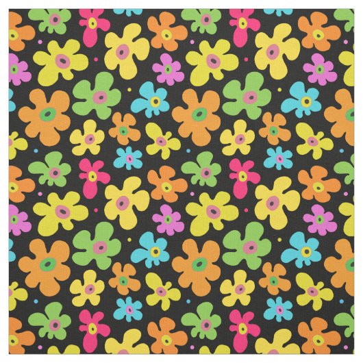 Bold Bright Flowers Pattern on Black ファブリック (見本)