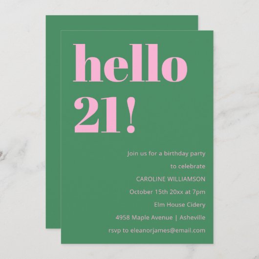 Bold Bright Modern Retro Pink Green 21st Birthday 招待状 (正面/裏面)