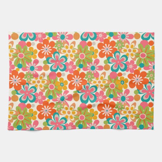 Bold Bright Retro Abstract Flower Pattern キッチンタオル (横)