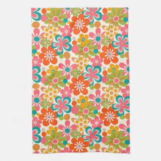 Bold Bright Retro Abstract Flower Pattern キッチンタオル (縦)