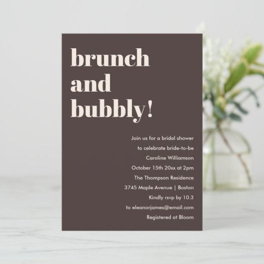 Bold Brown Modern Brunch Bubbly Bridal Shower 招待状 (スタンド正面)