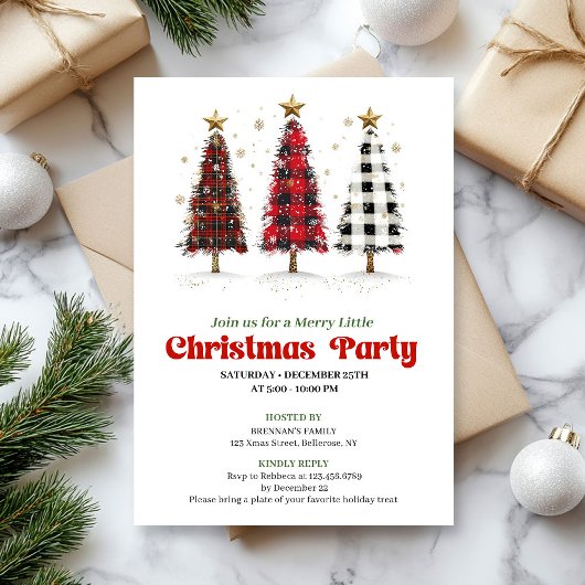 Bold buffalo plaid Christmas tree party invitation 招待状