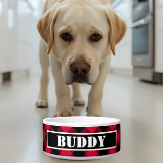 Bold Buffalo Red Black Plaid Pattern Name Dog ボウル