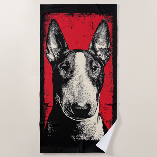 Bold Bull Terrier Portrait Red Background ビーチタオル (正面)
