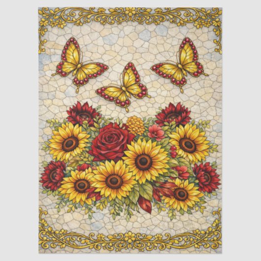 Bold Burgundy & Sunflowers Floral Decoupage  薄葉紙 (正面)