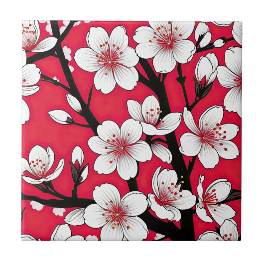 Bold Cherry Blossom Illustration on Red タイル (正面)