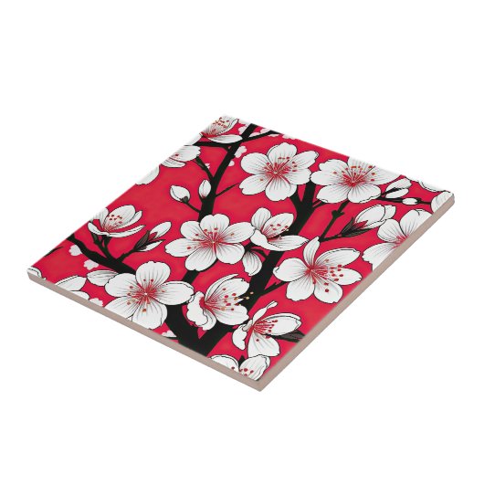 Bold Cherry Blossom Illustration on Red タイル (側面)