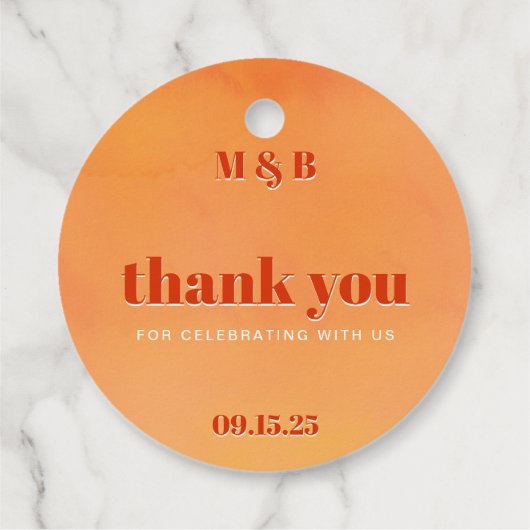 Bold Chic Orange Sunset Monogram Thank You Wedding フェイバータグ (裏面)