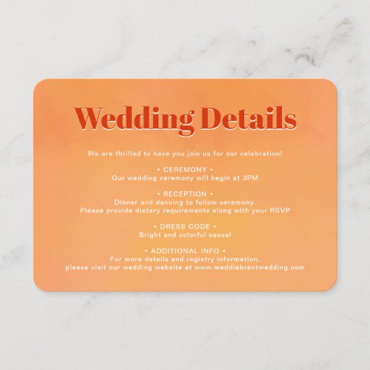 Bold Chic Orange Sunset Monogram Wedding Details エンクロージャーカード (正面)