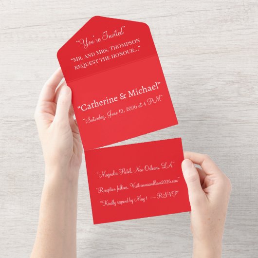 Bold Classic Red Background – Wedding Design オールインワン招待状 (貼ってはがせる)